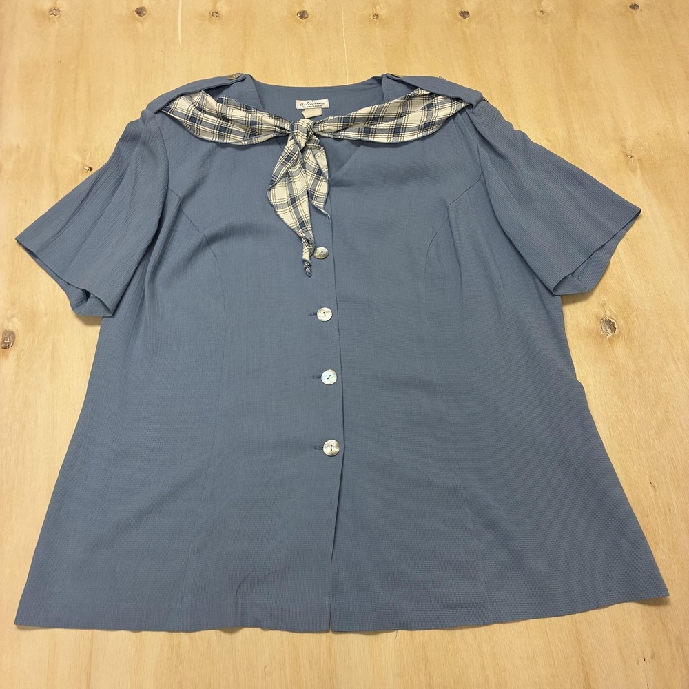 Vintage JT Collection Blouse Womens 22WP Blue Plaid Scarf Short Sleeve Top